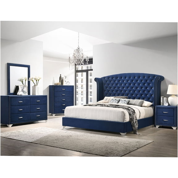 JERFIT Pacific Blue Velvet Upholstered Eastern King Bedroom Set with Wingback Headboard, 5-Piece Bed Set with Dresser, Mirror, Chest & Nightstand