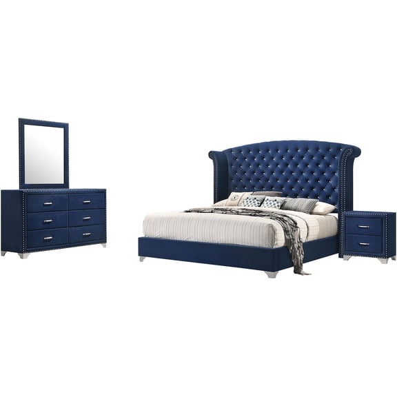 JERFIT Pacific Blue Velvet Upholstered King Bedroom Set with Wingback Headboard, Dresser, Mirror & Nightstand, 4-Piece Collection