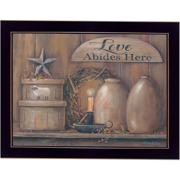 JERFIT Pam Britton "Love Abides Here" Framed Print Wall Art, Multicolor Inspirational Quote, Ready to Hang, Black Frame, Paper Poster for Living Room, Bedroom, Office Decor