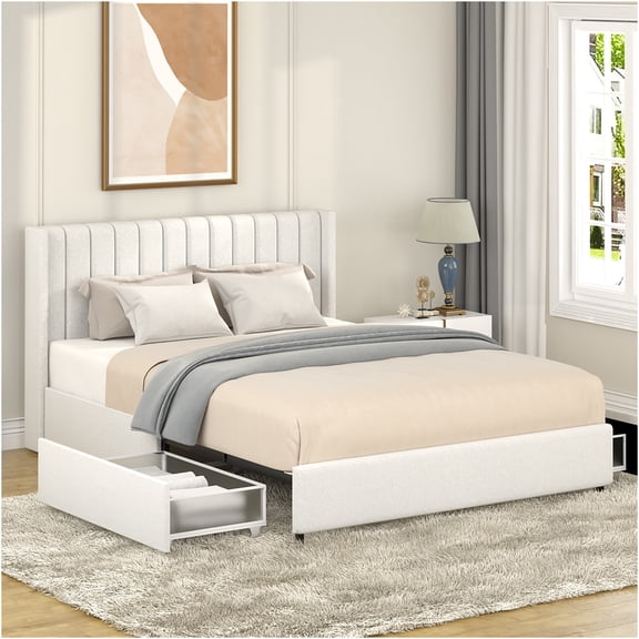 JERFIT Patented 2-Drawers Storage Bed Queen Size Ivory Boucle Upholstered Platform Bed Tufted