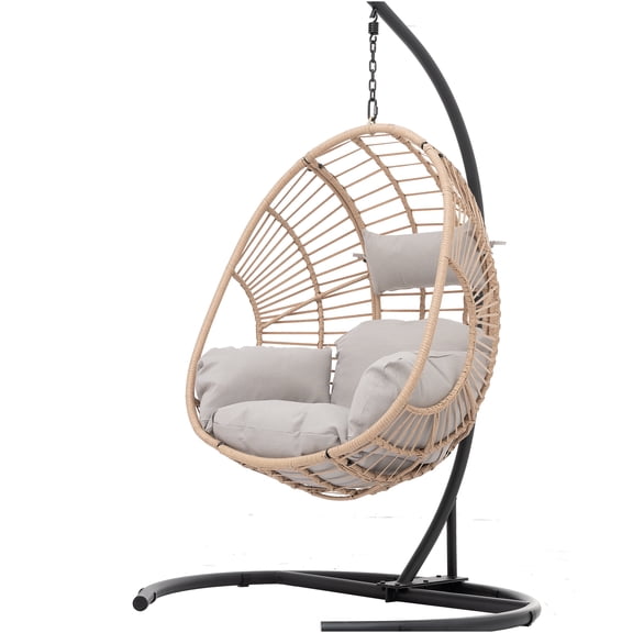 JERFIT Patio Egg Hanging Chair with Cushion, Natural Wicker Rattan Swing Chair for Indoor Outdoor Use, Porch Garden Balcony Hanging Basket Seat