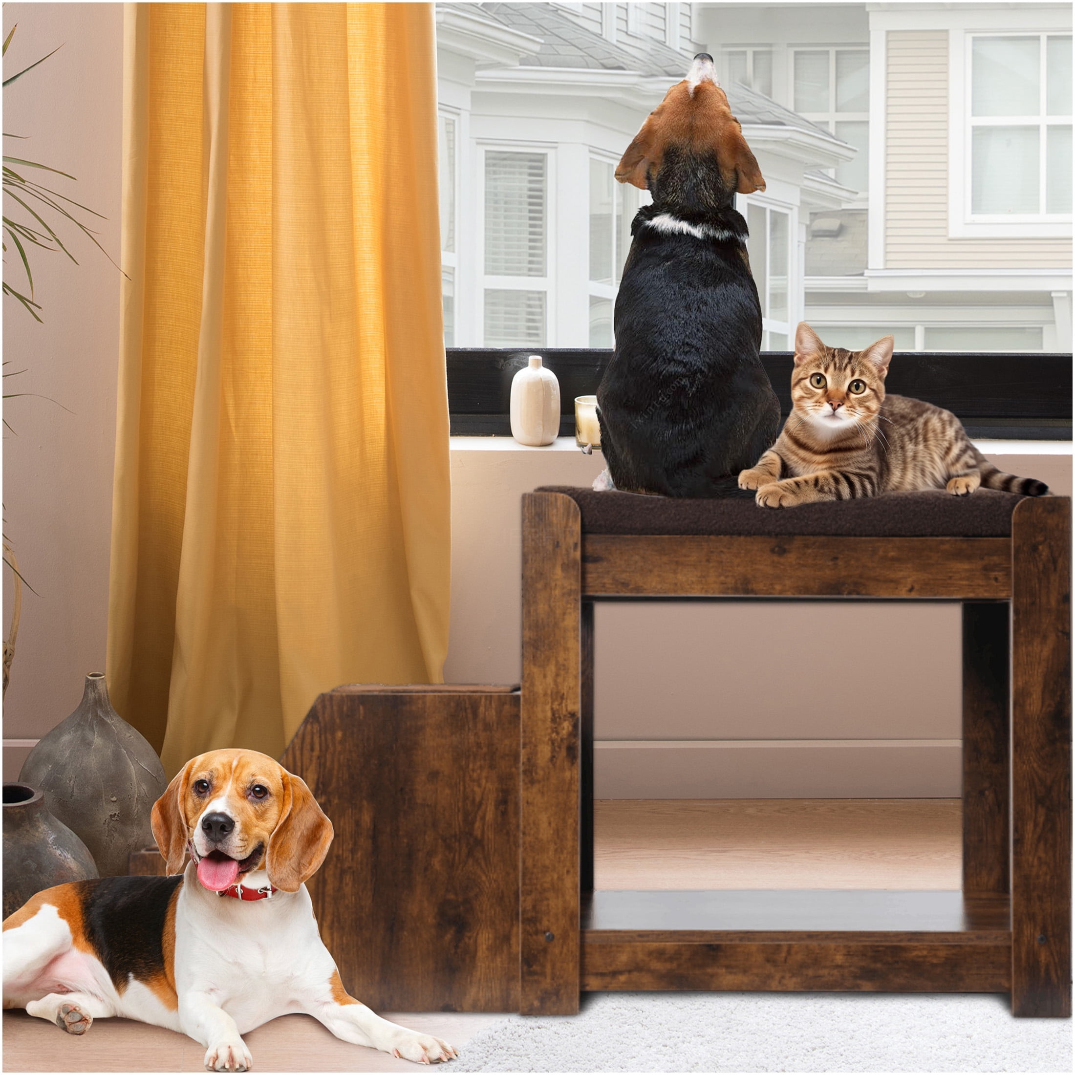 JERFIT Pet Bunk Bed with Washable Cushion & Cat Scratcher, Indoor Window Perch with Stairs for Small to Medium Dogs and Cats, Vintage Wood Grain Design