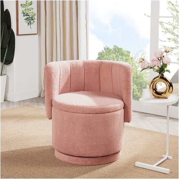 JERFIT Pink Boucle Fabric Swivel Accent Chair with Hidden Storage, 360 Degree Rotating Lounge Chair for Living Room, Bedroom, Office