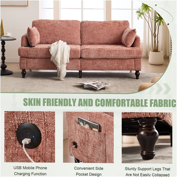 JERFIT Pink Chenille 2-Seater Sofa with USB Charging Port, LED Ambient Lighting, Storage Pocket and Wood Legs for Living Room, Bedroom, Study