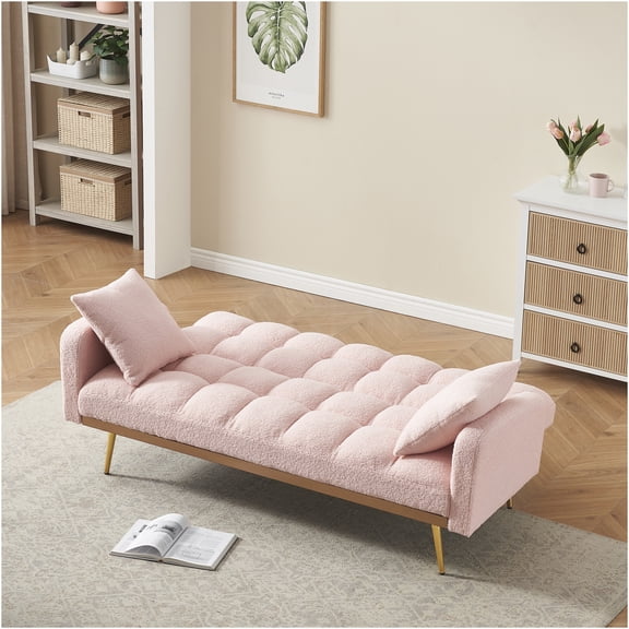 JERFIT Pink Convertible Teddy Fabric Sofa Bed for Small Spaces, 3-Seater Adjustable Sleeper with Removable Pillows, Modern Living Room and Bedroom Couch