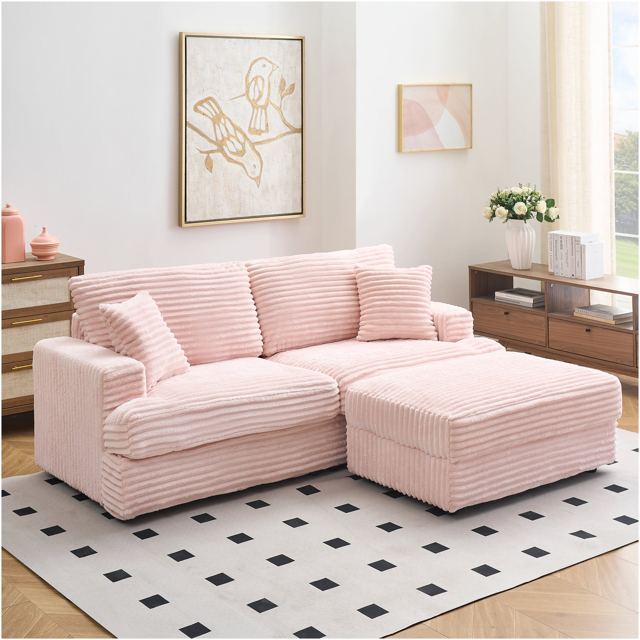 JERFIT Pink Corduroy Sofa with Storage, 3-Seater Loveseat Couch for ...