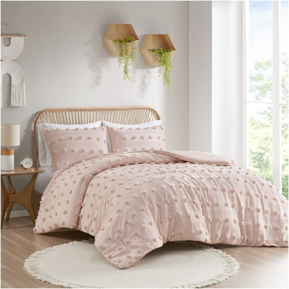 JERFIT Pink Jacquard Pompom Comforter Set King, Hypoallergenic & Antimicrobial Bedding with Microfiber Reverse