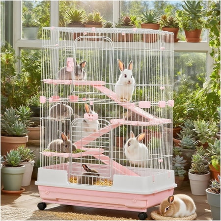 JERFIT Pink Metal Rabbit Hutch on Wheels, 32" Indoor Small Animal Cage for Rabbits, Chinchillas, Guinea Pigs with Ramp, Platform & Removable Tray