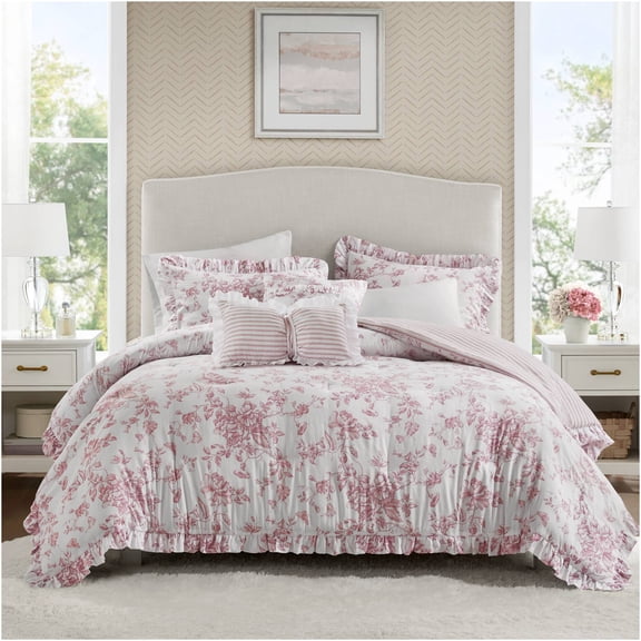 JERFIT Pink Twin Comforter Set with Pillows, Floral Ruffle Bedding Set, Reversible Microfiber Comforter for Girls, Twin XL, Shabby Chic Decor