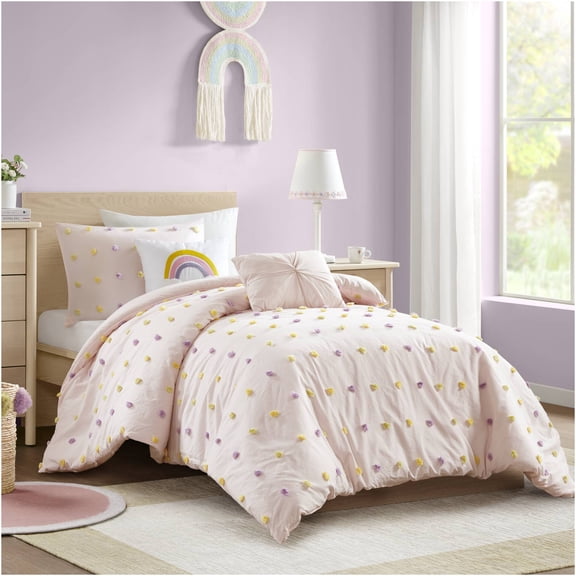 JERFIT Pink Twin/Twin XL Pom Pom Comforter Set, 4-Piece Jacquard Cotton Bedding Set with Decorative Pillows, OEKO-TEX Certified