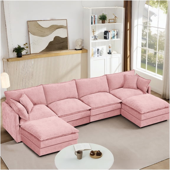 JERFIT Pink U-Shaped Sectional Sofa with Ottoman, 4-Piece Modular Chenille Fabric Couch Set for Living Room, 130.7" Cloud Comfort Sleeper Sofa