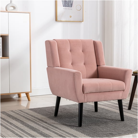 JERFIT Pink Velvet Accent Chair with Arms, Modern Upholstered Lounge Chair for Living Room, Bedroom, Office, Ergonomic Design with Black Wood Legs