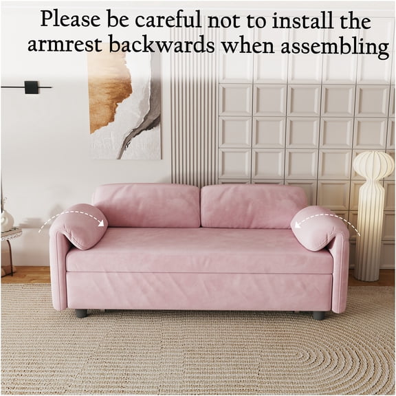 JERFIT Pink Velvet Convertible Sofa Bed for Small Spaces, 2-Seater Pull Out Sleeper with Storage Armrests, Modern Flannelette Futon Couch