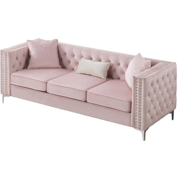 JERFIT Pink Velvet Sofa 86" Wide Plush Tufted Upholstered 3-Seater Couch for Living Room