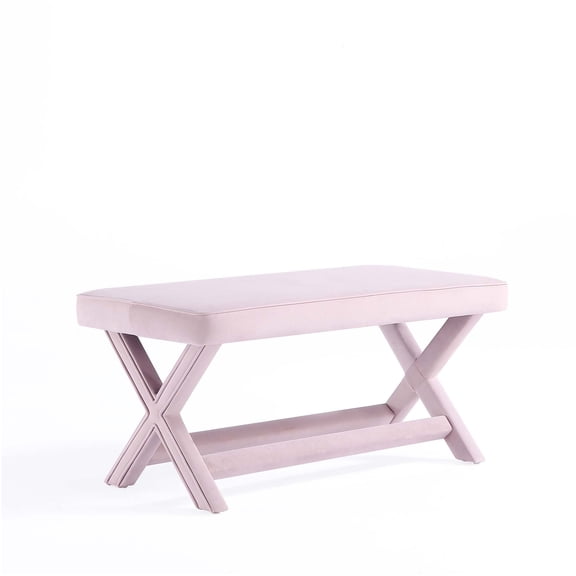 JERFIT Pink Velvet Upholstered Bench, Mid-Century Modern Accent Ottoman with X-Legs for Living Room, Bedroom