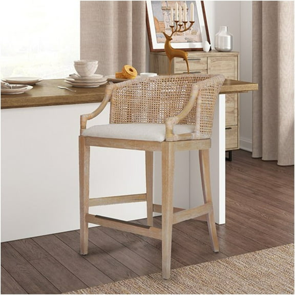JERFIT Playa Counter Stool with Rattan Back, Upholstered Seat for Kitchen Island, Dining & Bar, Natural Whitewash Finish