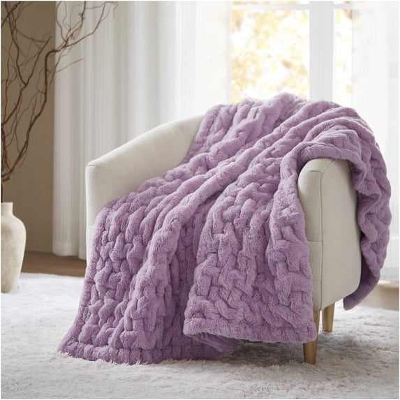 JERFIT Plush Faux Fur & Mink Reversible Ruched Throw Blanket, Soft & Cozy Decorative Accent for Couch Bed, Machine Washable, Purple