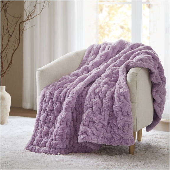 JERFIT Plush Faux Fur & Mink Reversible Ruched Throw Blanket, Soft & Cozy Decorative Accent for Couch Bed, Machine Washable, Purple