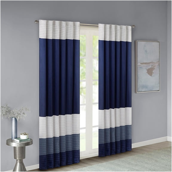 JERFIT Polyester Pintuck Curtain Panel with Blackout Lining, Modern Striped Design, Navy Ivory Slate, Rod Pocket & Back Tabs, 50x84 Inch, 1 Panel