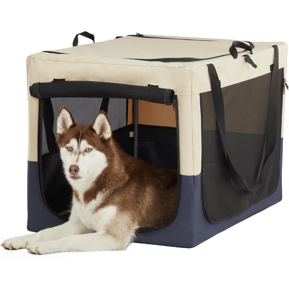 JERFIT Portable Soft Dog Crate with 3 Doors, Foldable Travel Pet Kennel for Medium Large Dogs, Ventilated Oxford Fabric Carrier with Storage Pocket, White & Blue