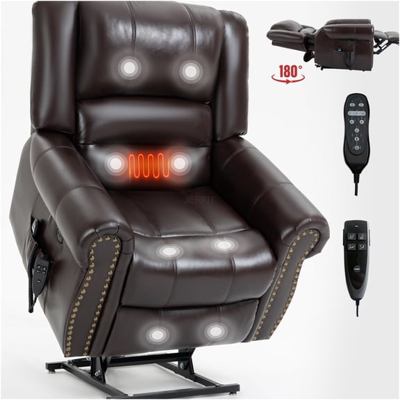 JERFIT Power Lift Recliner Chair with Heat Massage, Infinite Positions, Dual Motor & USB Charging, Antique Brown Faux Leather