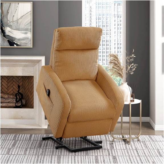 JERFIT Power Lift Recliner Chair with Push-Button Lift Assist, Plush Yellow Corduroy Upholstery, Modern Lift Chair for Elderly & Mobility Issues