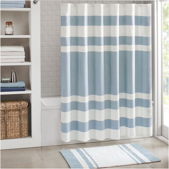 JERFIT Premium Waffle Weave Shower Curtain with 3M Scotchgard, 72x72 Inches, Water Repellent, Spa Style Bathroom Decor, Blue