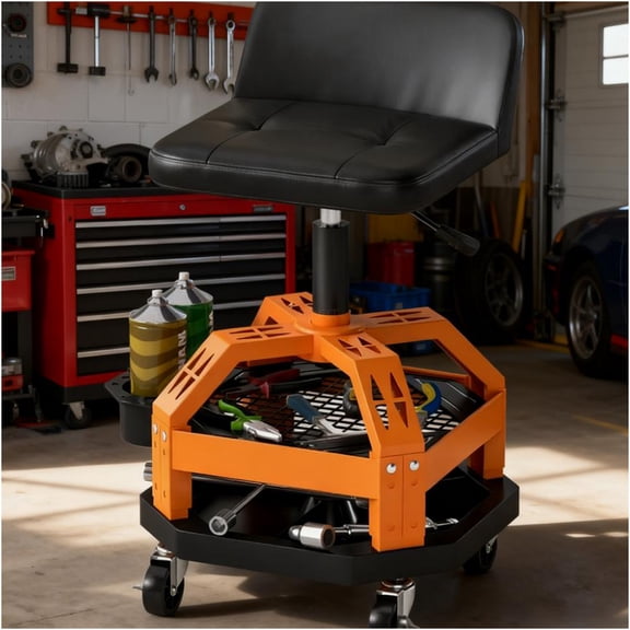 JERFIT Professional Mechanic Stool with Tool Tray & Back Support, Adjustable Rolling Garage Seat on 360 Casters, 300LB Capacity, Yellow