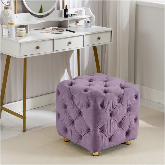 JERFIT Purple Velvet Cube Ottoman Footstool, Modern Upholstered Pouf for Living Room, Bedroom Accent Stool, Soft Plush Footrest, Small End Table, Dressing Bench