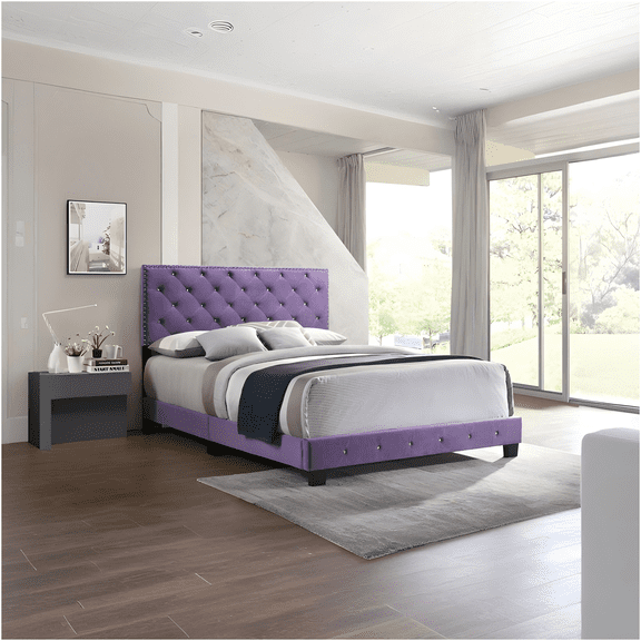 JERFIT Purple Velvet Full Size Bed Frame with Foam Support, Transitional Upholstered Platform Bed with Headboard and Footboard, No Box Spring Needed, Easy Assembly