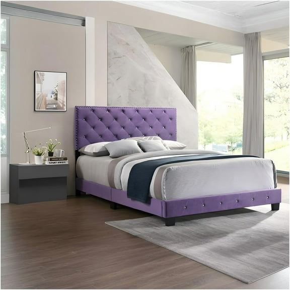 JERFIT Purple Velvet Queen Bed Frame with Headboard, Upholstered Platform Bed with Wood Slat Support, No Box Spring Needed, Modern Bedroom Furniture