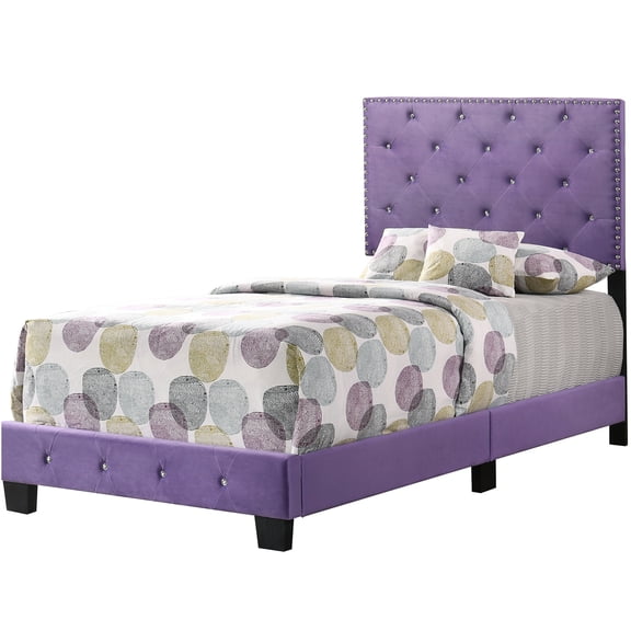 JERFIT Purple Velvet Twin Size Bed Frame with Foam Padding, Upholstered Platform Bed for Bedroom, No Box Spring Needed, Modern Espresso Wood Legs