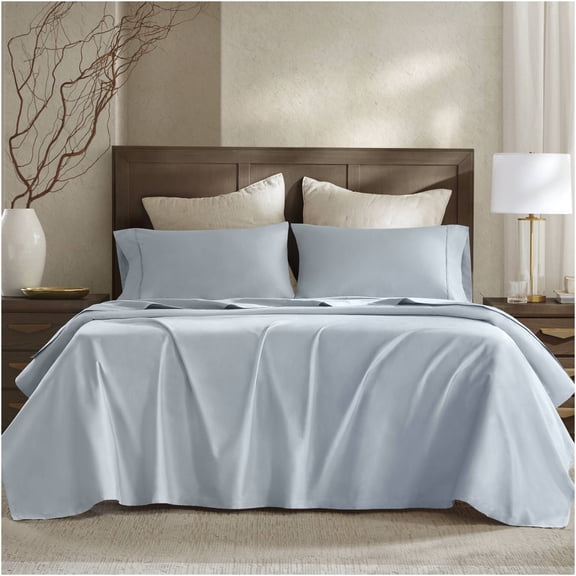 JERFIT Queen 100% Egyptian Cotton Sateen Sheet Set 4-PC, 400 Thread Count Deep Pocket Bed Sheets, Silky Soft & Breathable, Ocean Blue