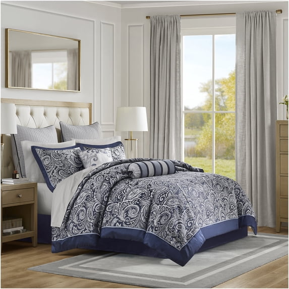 JERFIT Queen 12-Piece Navy Blue Comforter Set with Paisley Jacquard Design & Cotton Sheets