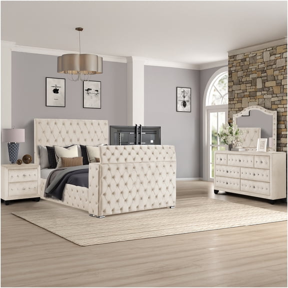 JERFIT Queen 4-Piece Bedroom Set with Electric Fireplace TV Footboard, Upholstered Velvet Platform Bed, Dresser, Mirror & Nightstand, Modern Tufted Beige