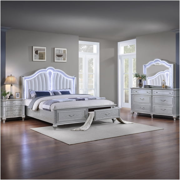 JERFIT Queen 4-Piece Bedroom Set with LED Upholstered Headboard, Modern Silver Bedroom Furniture with Crystal Accents and Storage Drawers