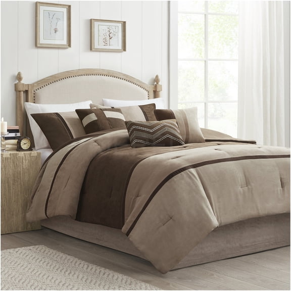 JERFIT Queen 7-Piece Brown Micro-Suede Comforter Set with Bed Skirt & Decorative Pillows, Hypoallergenic & Machine Washable Lodge Bedding