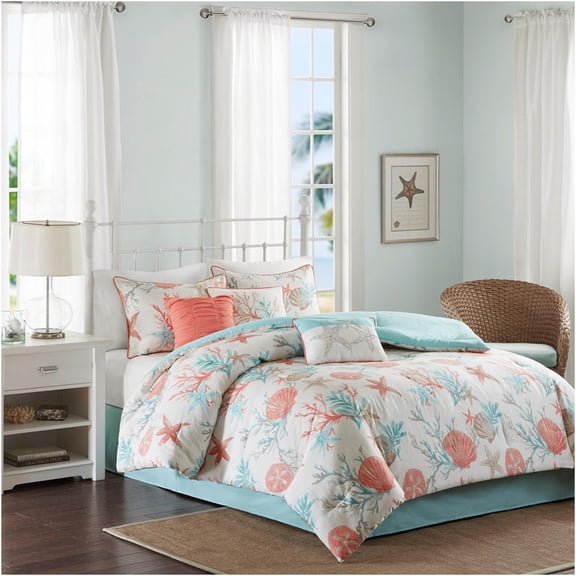 JERFIT Queen 7-Piece Comforter Set Coastal Coral Bedding, All-over Seashell Print, Hypoallergenic & OEKO-TEX Certified