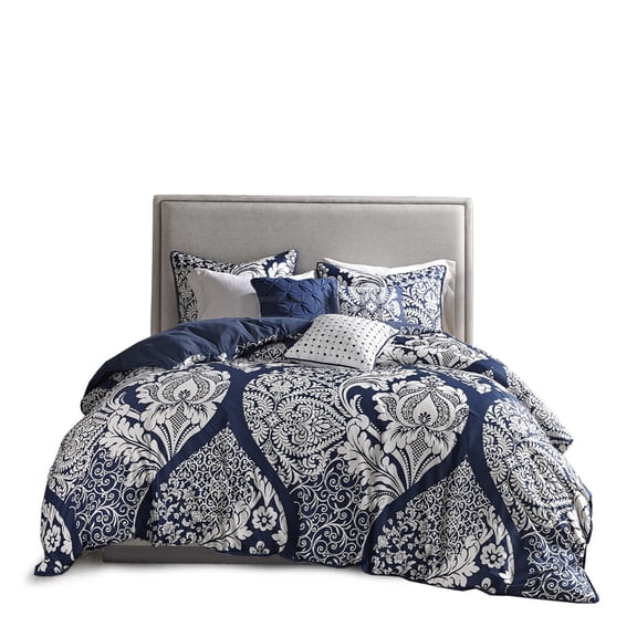 JERFIT Queen 7-Piece Comforter Set with Bed Skirt, Indigo Floral Damask Print, OEKO-TEX Certified Hypoallergenic Bedding