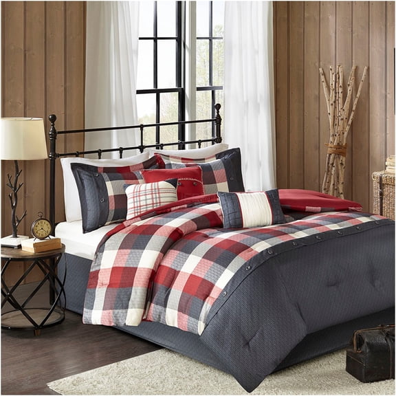 JERFIT Queen 7-Piece Comforter Set with Bedskirt & Pillows, Buffalo Plaid Herringbone Pattern, Red Farmhouse Bedding, Hypoallergenic Polyester