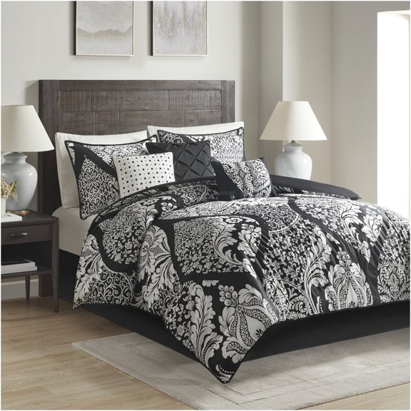 JERFIT Queen 7-Piece Damask Print Comforter Set, Black Cotton Sateen Bedding Set with Decorative Pillows & Bed Skirt