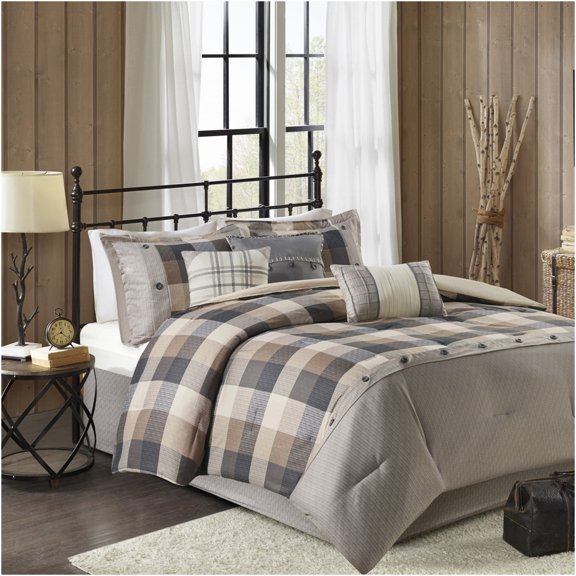 JERFIT Queen 7-Piece Herringbone Comforter Set - Buffalo Plaid Bedding Set with Skirt & Pillows, Neutral Polyester