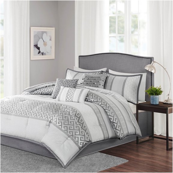 JERFIT Queen 7-Piece Jacquard Comforter Bedding Set with Geometric Design, Grey
