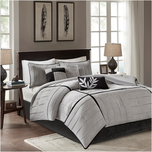 JERFIT Queen 7-Piece Micro-Suede Comforter Set in Grey - Ultra Soft Bedding Ensemble with Decorative Pillows & Bed Skirt