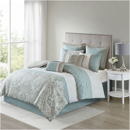 JERFIT Queen 8-Piece Comforter Set in Seafoam, Diamond Quilted Microfiber Bedding Ensemble with Sham & Bed Skirt