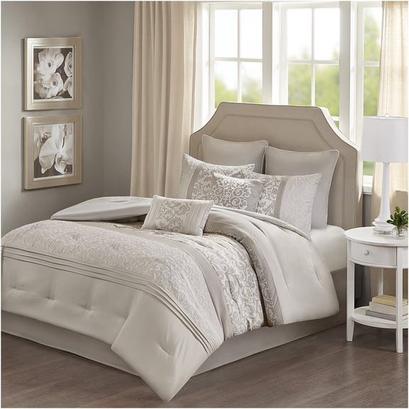 JERFIT Queen 8-Piece Comforter Set with Embroidered Design, Neutral Bedding Ensemble with Pillows & Bed Skirt, Ultra-Soft Microfiber
