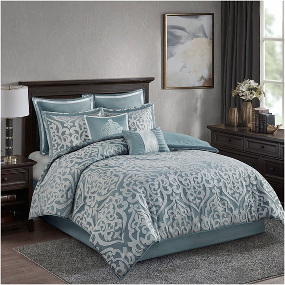 JERFIT Queen 8-Piece Jacquard Comforter Bedding Set, Aqua Silver Damask Medallion Design, All-Season Luxury Polyester Bed Set with Skirt