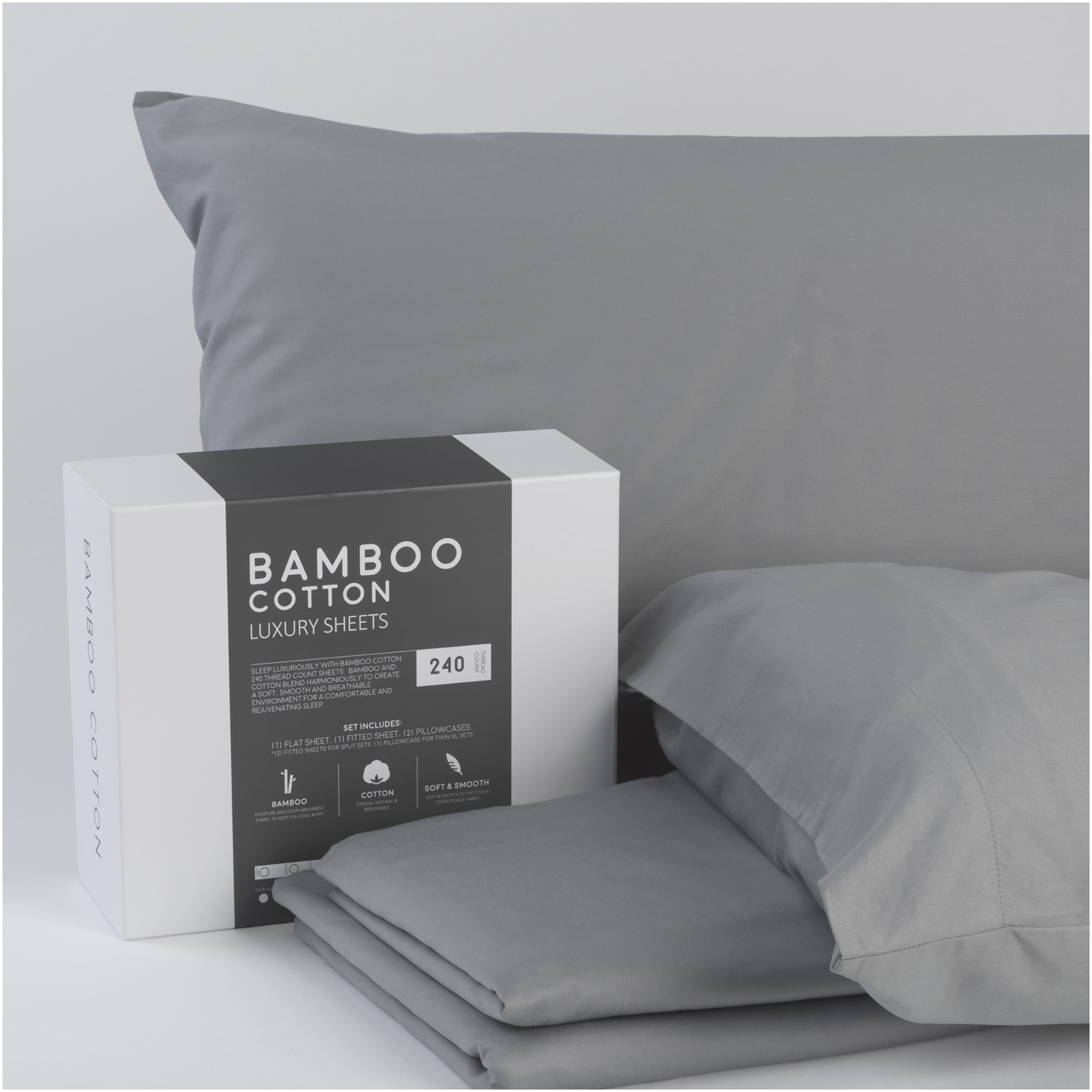 JERFIT Queen Bamboo Cotton Blend Sheets Set - 240 Thread Count, Grey, Cooling, Breathable, Moisture Wicking Bed Sheets