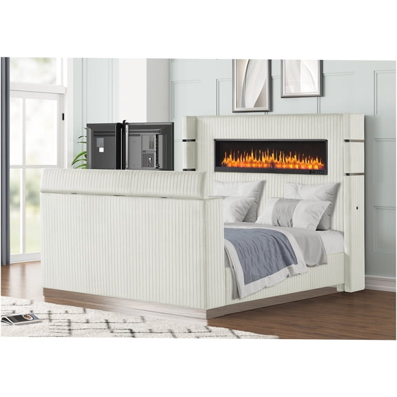 JERFIT Queen Bed Frame with Fireplace Headboard TV Footboard, Modern Upholstered Bed with Ambient LED Fireplace Media Console, Beige Velvet Wood Platform Bed