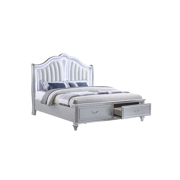 JERFIT Queen Bed Frame with LED Headboard, Upholstered Modern Platform Bed with Storage Drawers, Velvet Fabric, Crystal Accents, Light Gray